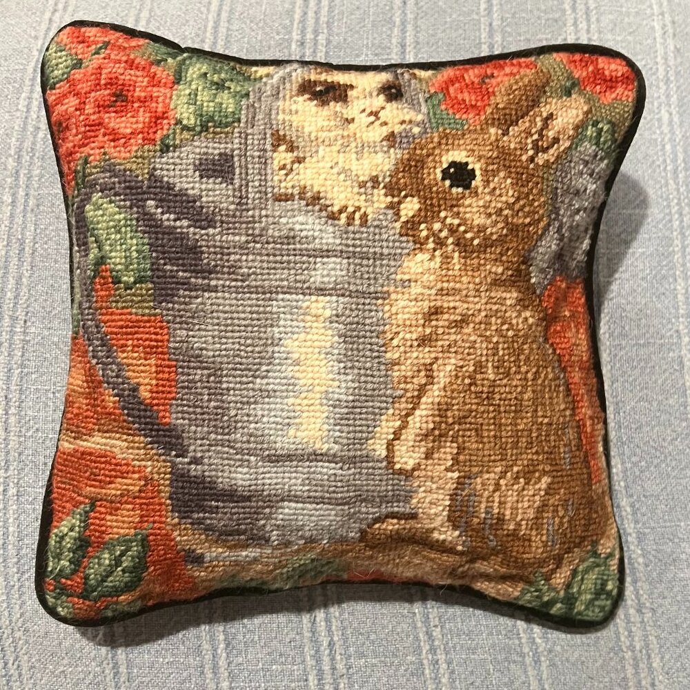 Vintage Needlepoint Wool Easter accent pillow rabbit bunny